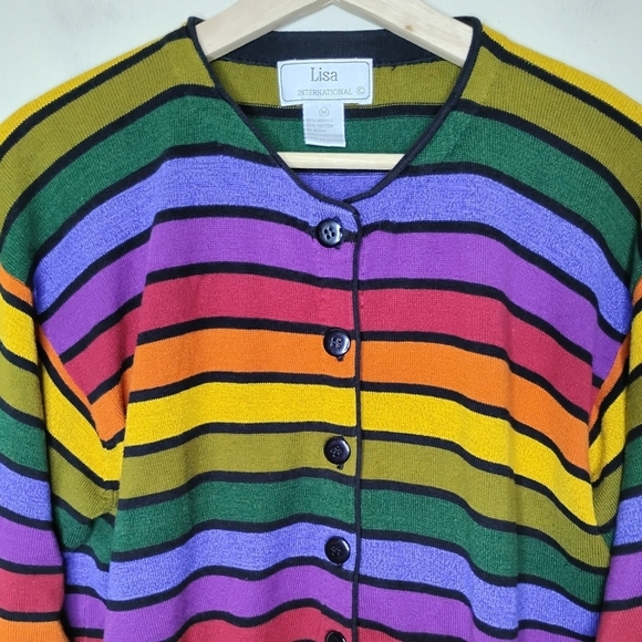 Vintage Lisa International Rainbow Stripe Cardigan M 90s Button Front Casual - Picture 4 of 8